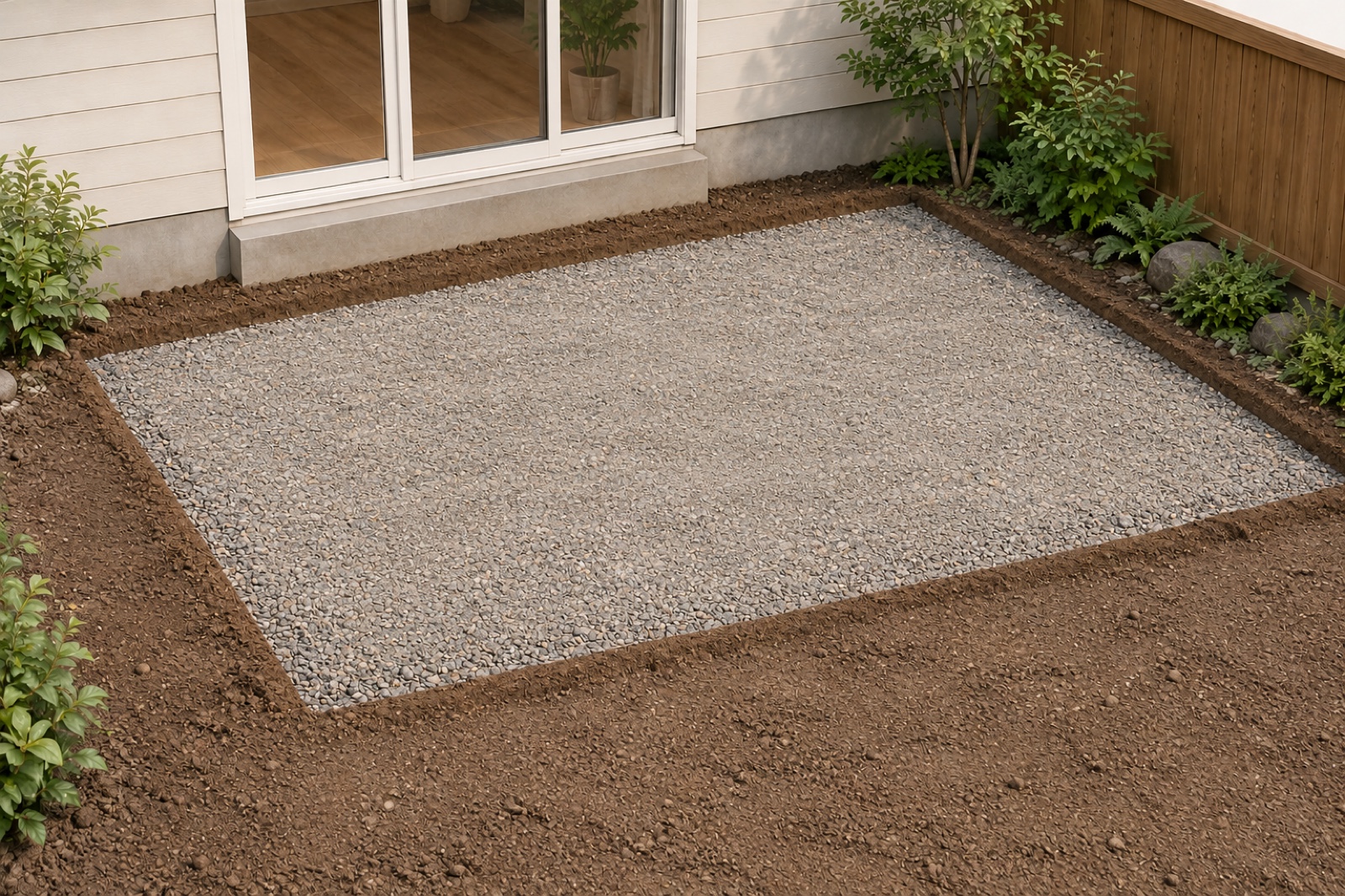 Stripped and compacted base for the low deck with a thin gravel blanket