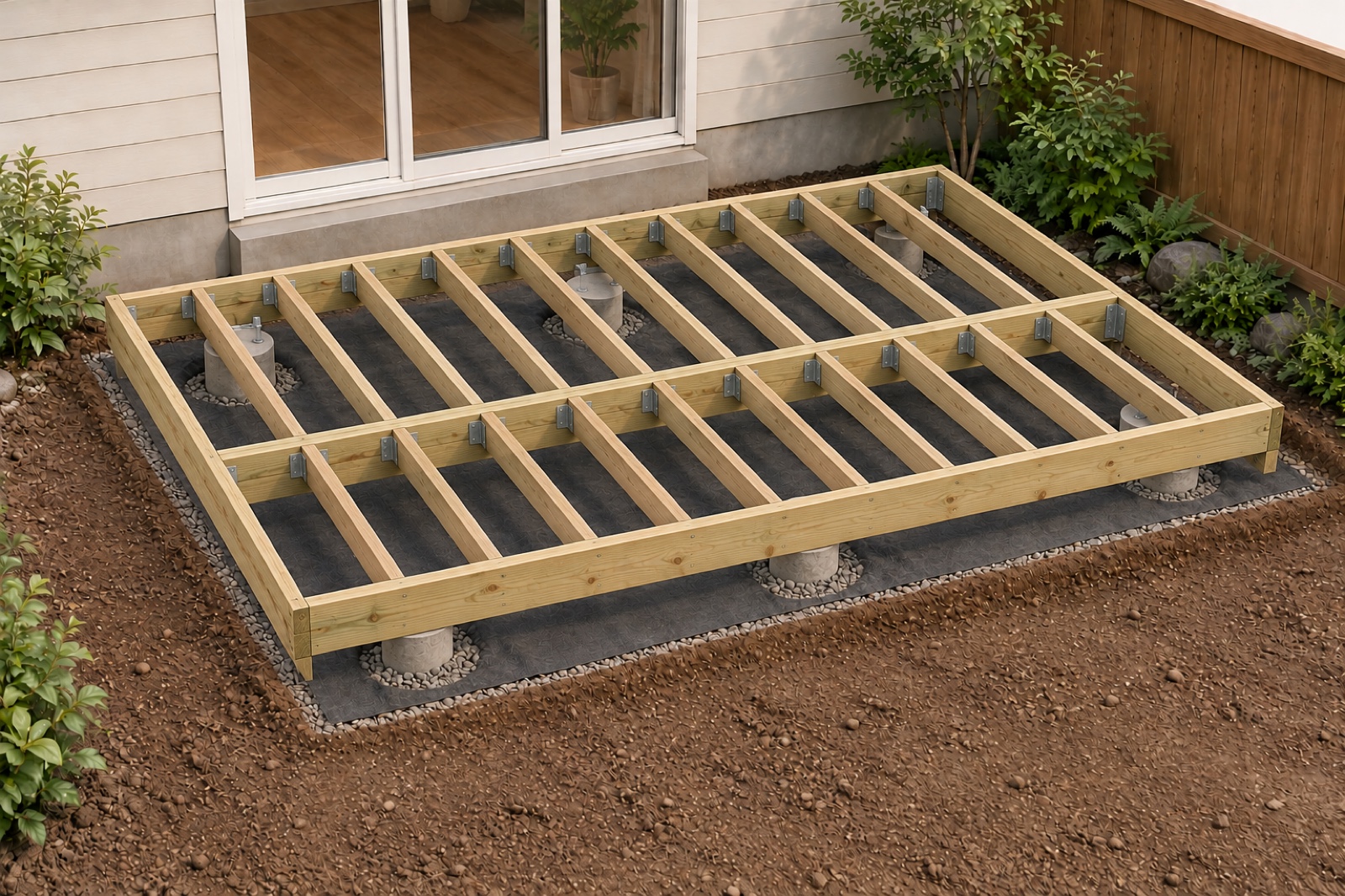 Low deck frame with two parallel beams and joists