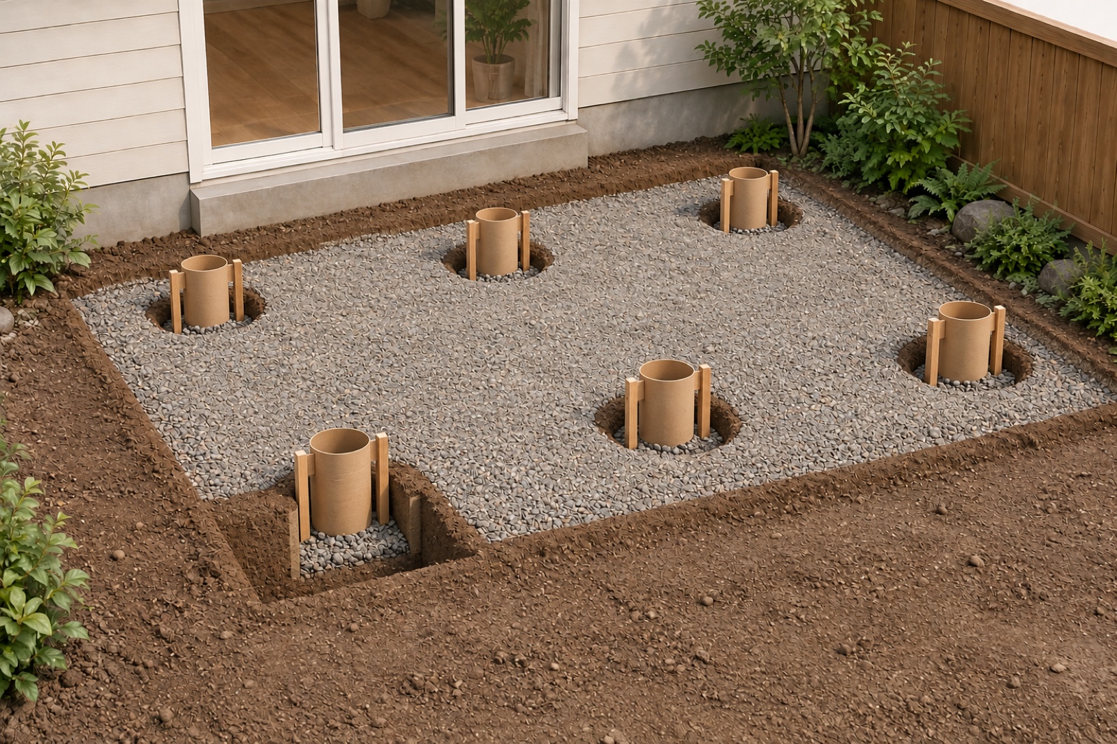 Six pier holes in a 2 by 3 grid with form tubes and gravel