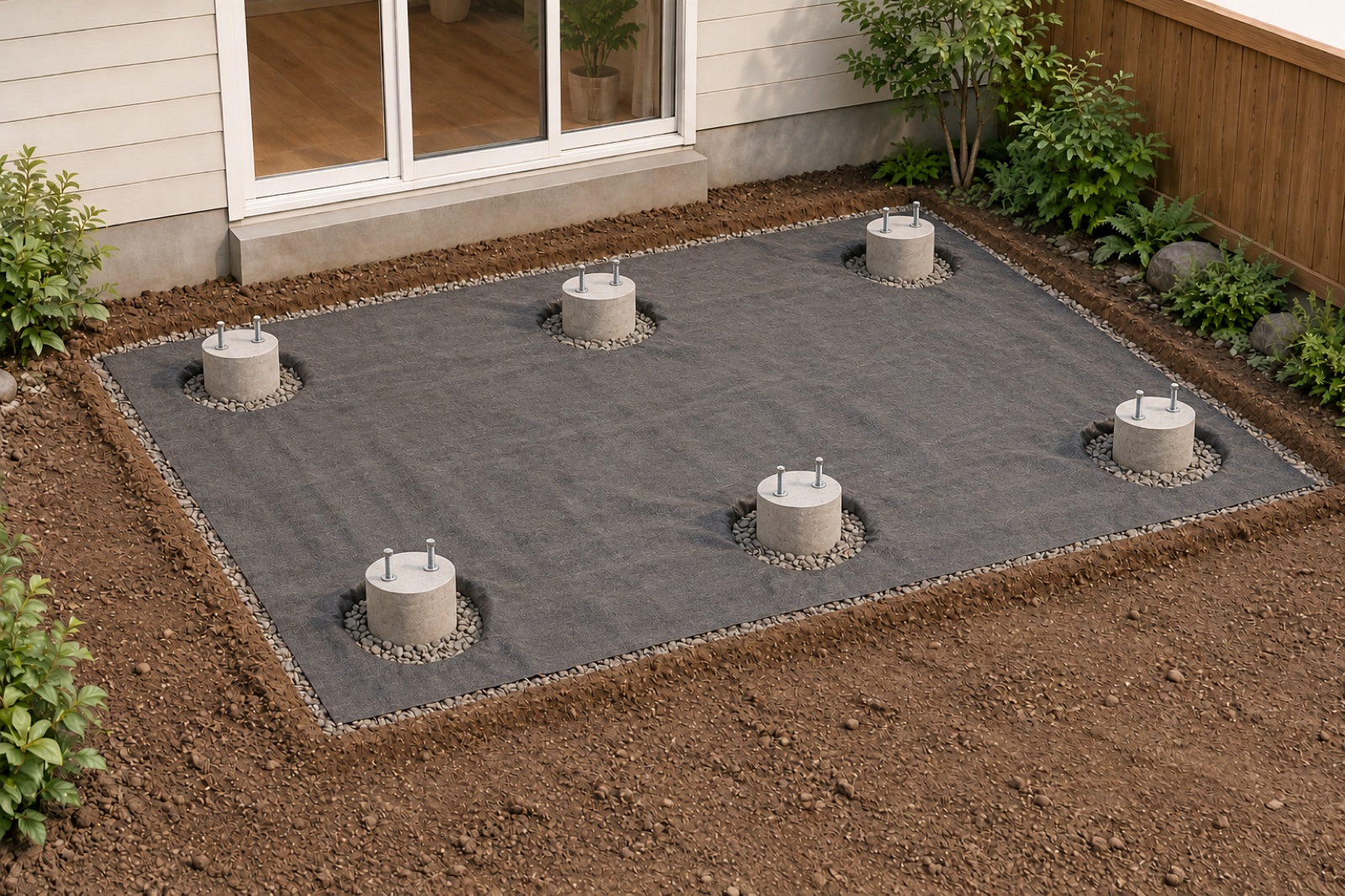 Six finished concrete piers with anchor bolts