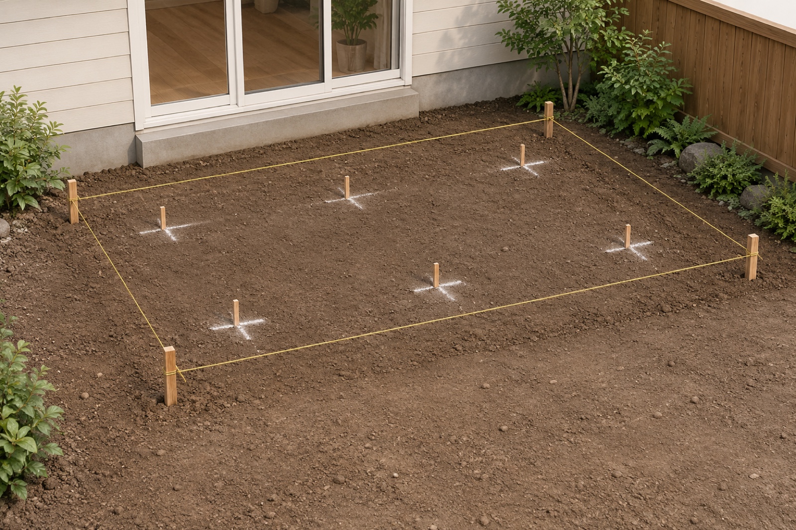 Wooden stakes and string lines marking the low deck footprint
