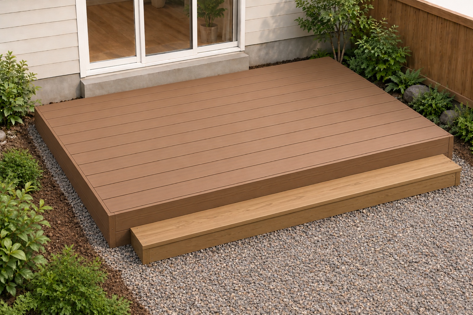A finished low composite deck one step above grade, beside a house and a gravel path